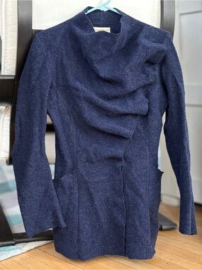Gro Abrahamsson ANTHROPOLOGIE Boiled Wool Navy Ruffled Front Sweater Jacket S